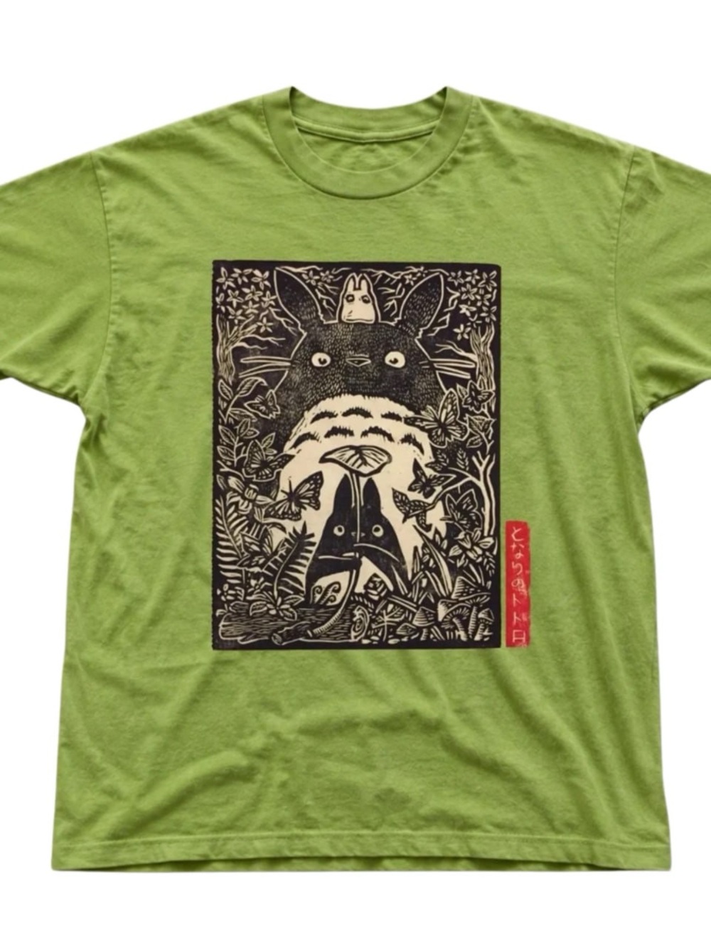 Green Totoro Graphic Tee - Black & Cream Print